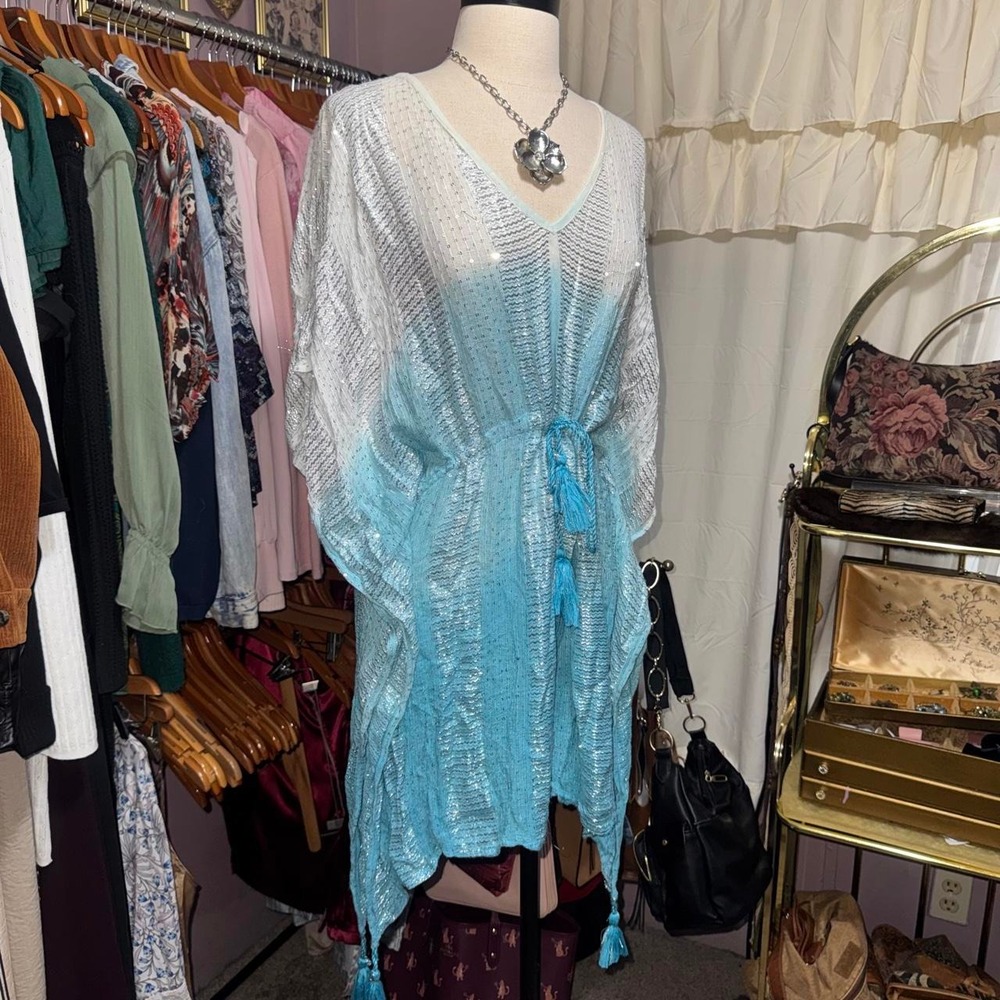 vintage Blue Sequin Crochet Shawl Cover Up